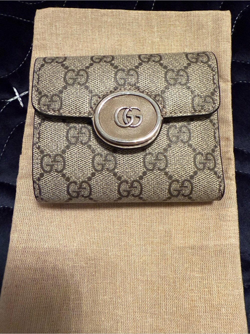 Gucci Tan GG Supreme Canvas Wallet with silver double G
